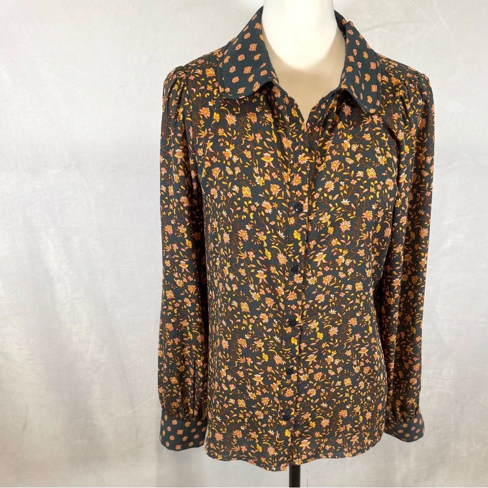 DR2 long sleeve dark gray ditsy floral multi pattern button down top size medium